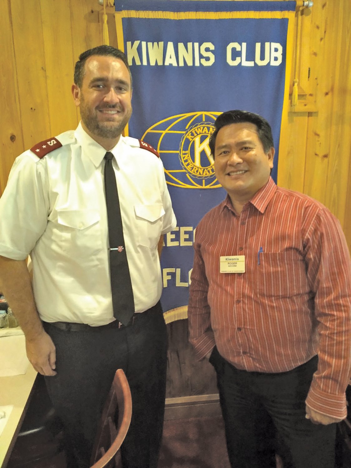 Pictured with Capt. Jeff (L) is Kiwanis VP Roger Azcona (R).